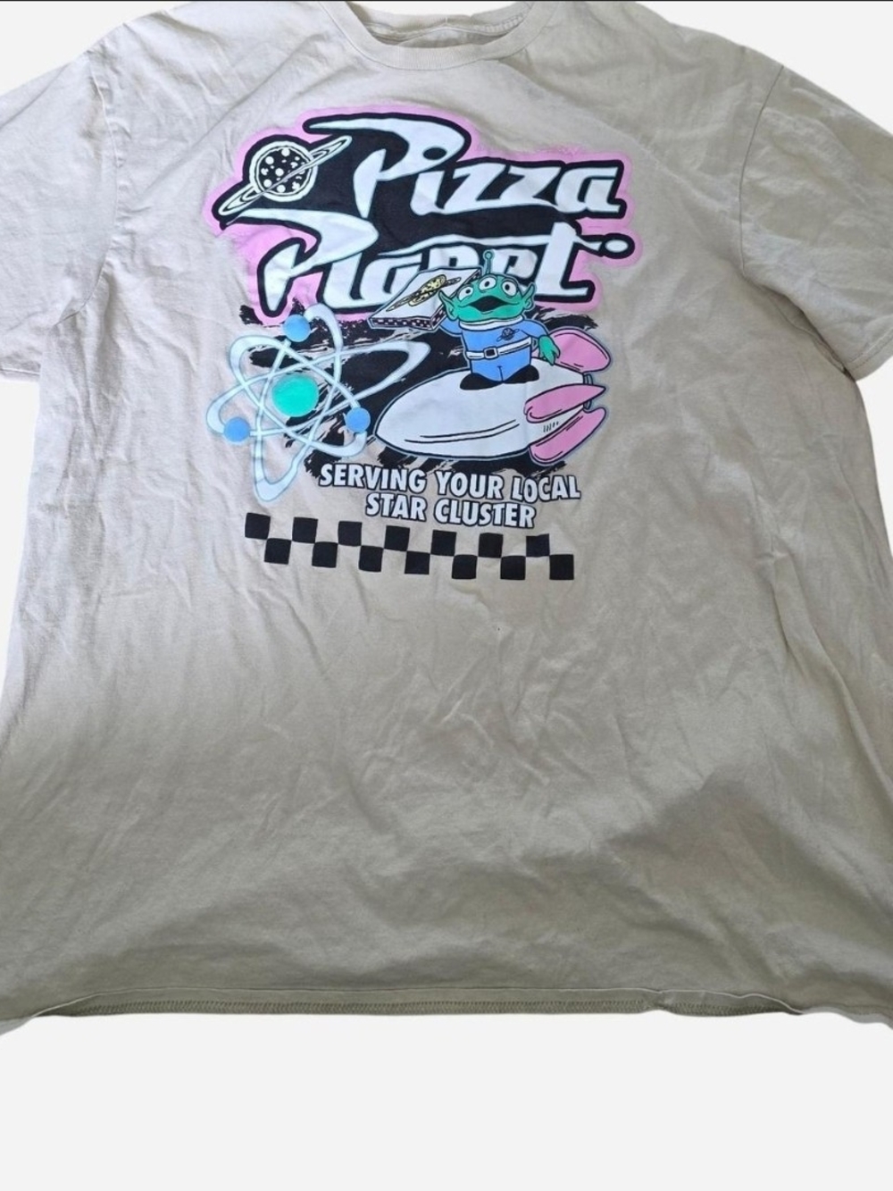 Disney Pizza Planet Graphic Tee - Cream with Pink & Blue Accents